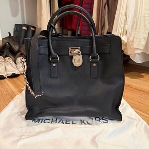 Michael Kors Black Leather Satchel with Signature Lock Charm